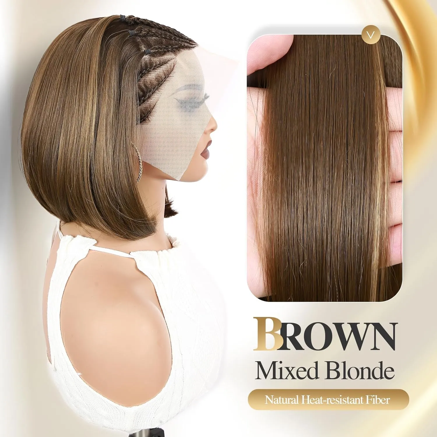 WIGER Highlighted Straight Bob Lace Frontal Wigs 13x4 Braided Wigs for Black Women Glueless Bob Hair Wig Braided Lace Front Wigs with Cornrow 12 Inch Synthetic Full Lace Straight Bob Wigs