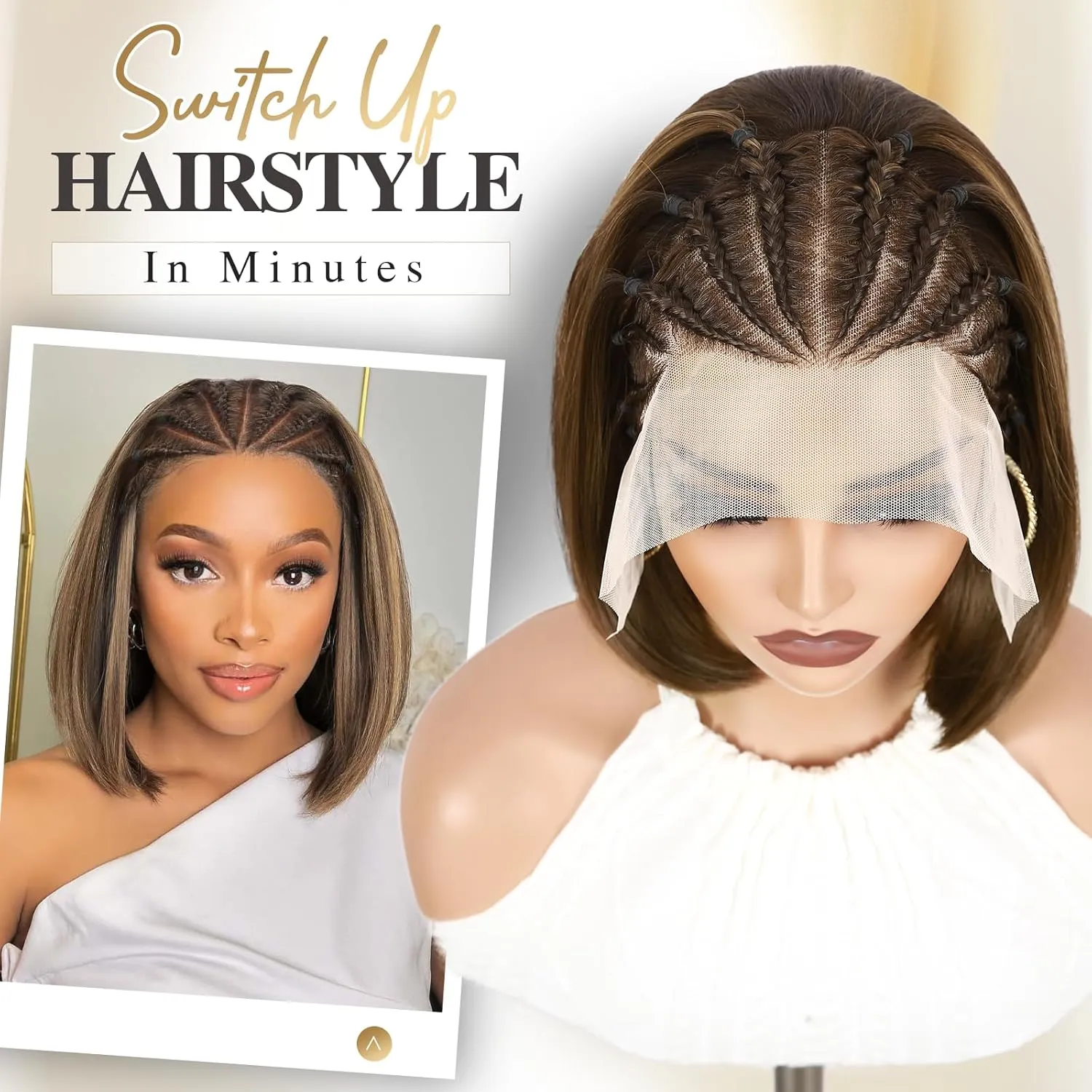 WIGER Highlighted Straight Bob Lace Frontal Wigs 13x4 Braided Wigs for Black Women Glueless Bob Hair Wig Braided Lace Front Wigs with Cornrow 12 Inch Synthetic Full Lace Straight Bob Wigs