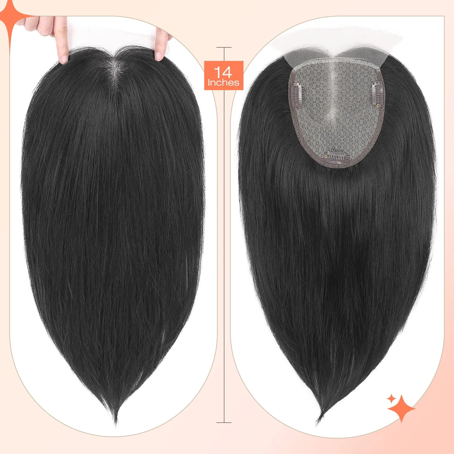 WIGNEE Black Hair Topper With Bigger Lace - Hand Made Upgrade Kanekalon 14" Long Layered Piece for Women With Thinning Hair - 3D Cover Wig