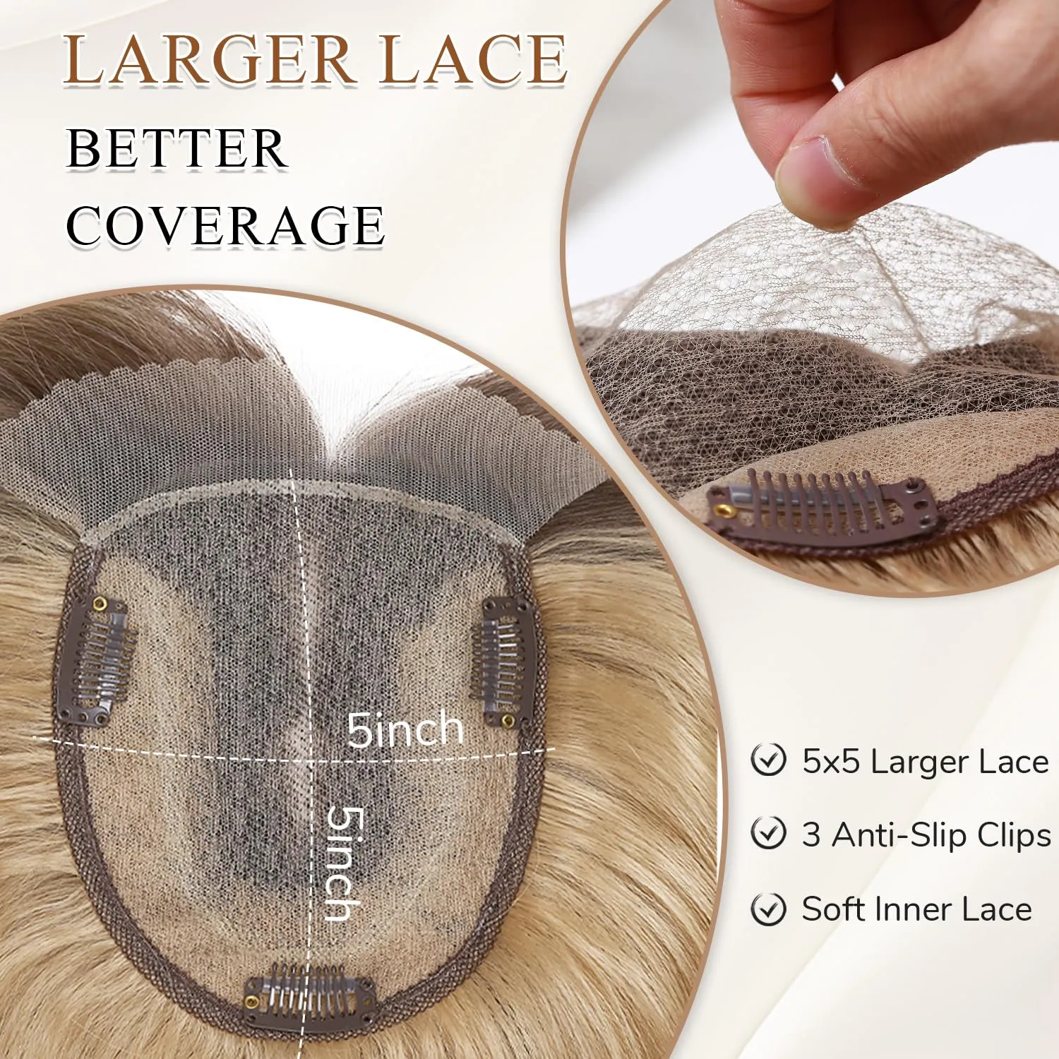 WIGNEE Blonde Hair Topper with Bigger Lace Hand Made Upgrade Kanekalon Hair Toppers for Women with Thinning Crown 14” Long Layered 3D Cover Wig Toppers