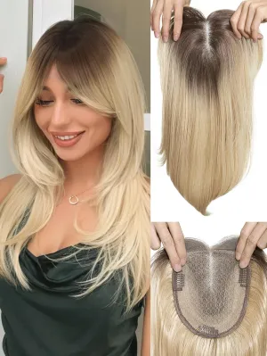 WIGNEE Blonde Hair Topper with Bigger Lace Hand Made Upgrade Kanekalon Hair Toppers for Women with Thinning Crown 14” Long Layered 3D Cover Wig Toppers