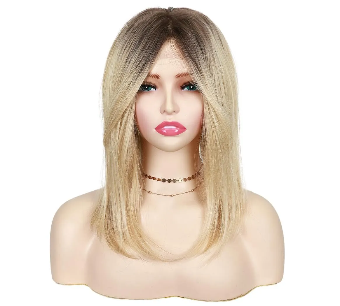WIGNEE Blonde Hair Topper with Bigger Lace Hand Made Upgrade Kanekalon Hair Toppers for Women with Thinning Crown 14” Long Layered 3D Cover Wig Toppers