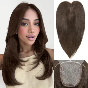 WIGNEE Brown Hair Topper With Bigger Lace - Hand Made Upgrade Kanekalon Toppers for Women With Thinning Hair - 14" Long Layered 3D Cover Wig Pieces