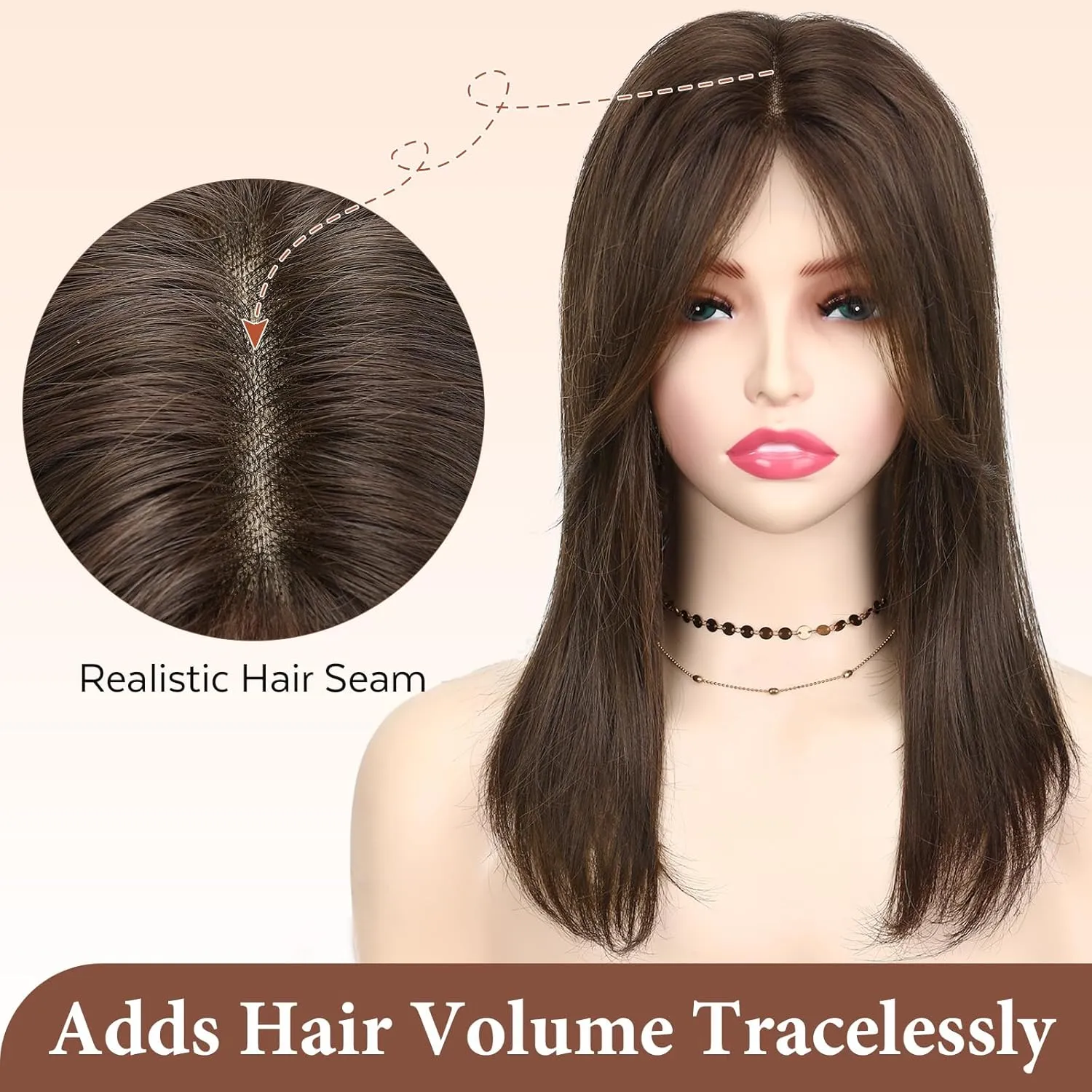 WIGNEE Brown Hair Topper With Bigger Lace - Hand Made Upgrade Kanekalon Toppers for Women With Thinning Hair - 14" Long Layered 3D Cover Wig Pieces
