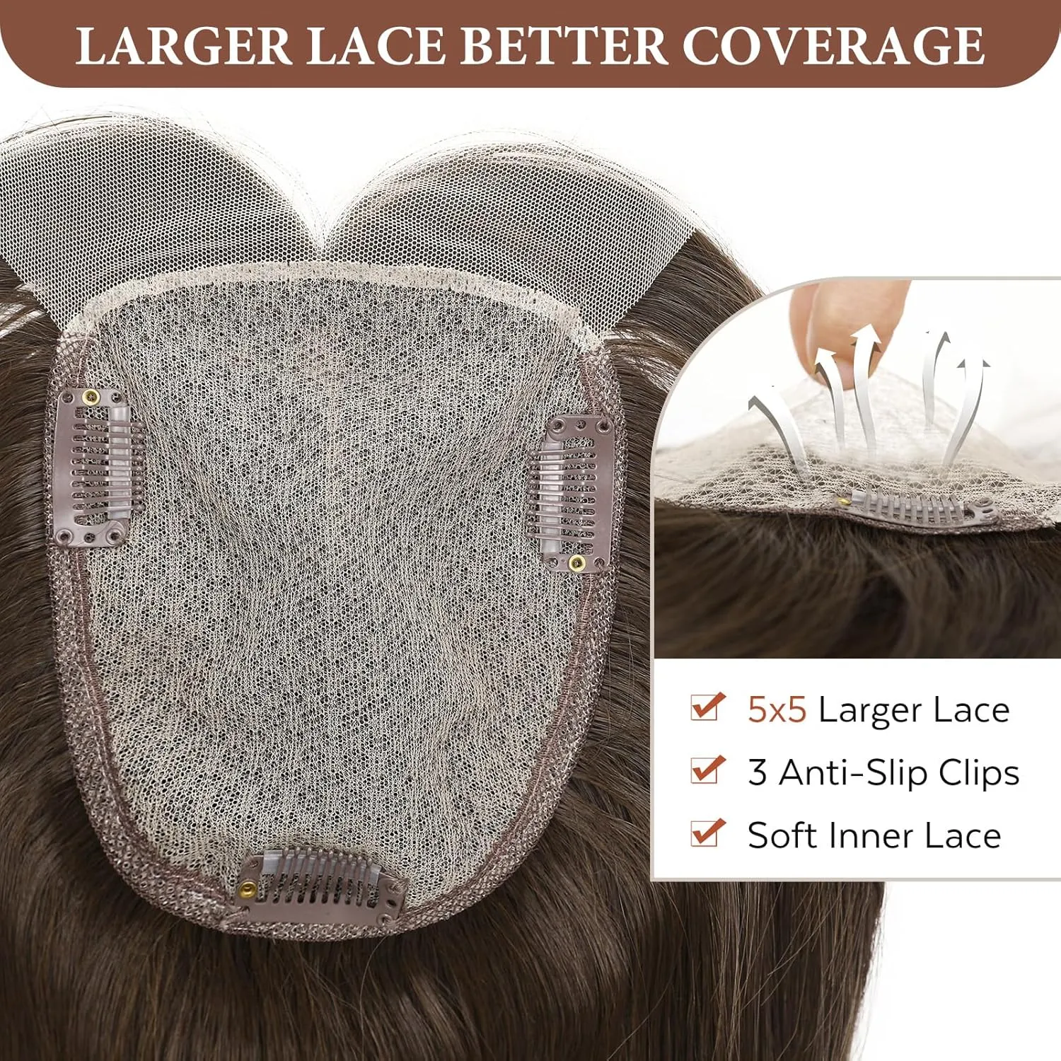 WIGNEE Brown Hair Topper With Bigger Lace - Hand Made Upgrade Kanekalon Toppers for Women With Thinning Hair - 14" Long Layered 3D Cover Wig Pieces