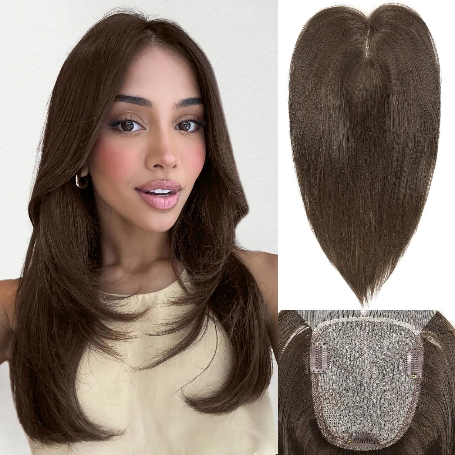 WIGNEE Brown Hair Topper With Bigger Lace - Hand Made Upgrade Kanekalon Toppers for Women With Thinning Hair - 14" Long Layered 3D Cover Wig Pieces