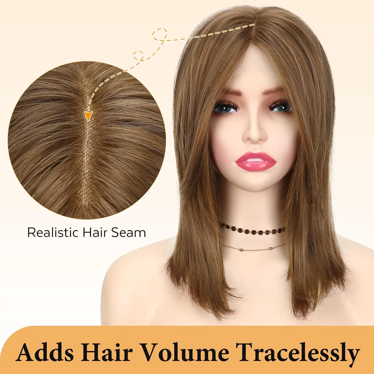 Wigree Brown Hair Topper with Bigger Lace - Hand Made Kanekalon 14" Long Layered Wig Toppers for Thinning Hair