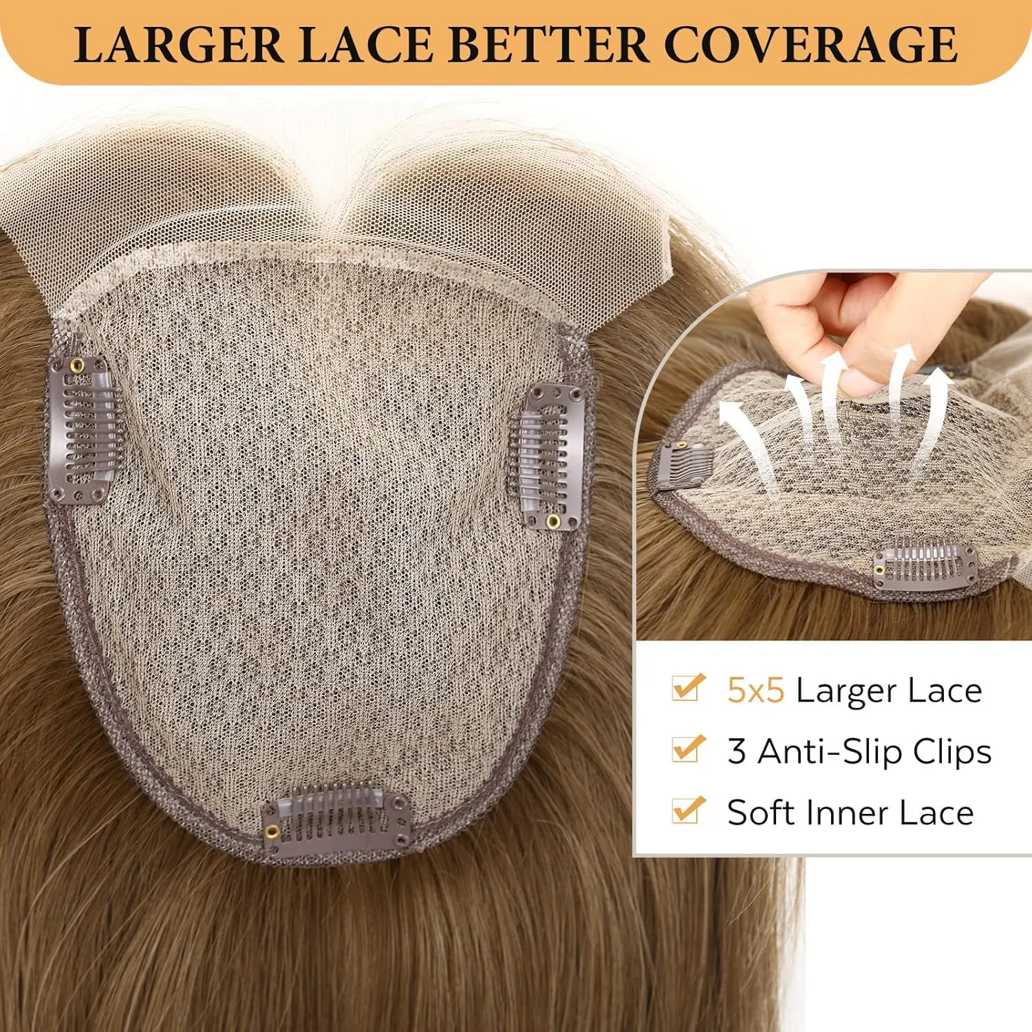 Wigree Brown Hair Topper with Bigger Lace - Hand Made Kanekalon 14" Long Layered Wig Toppers for Thinning Hair