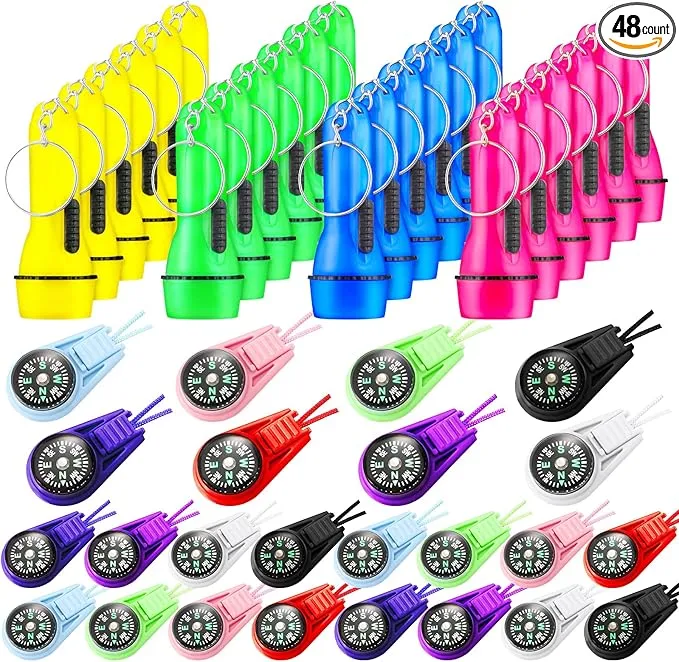WILLBOND 48 Pcs Mini Flashlight Keychain and Mini Survival Compass, Camping Party Favors LED Flashlights Mini Compass for Outdoor Emergency Survival Kits Bracelet Necklace Key Chain Hiking