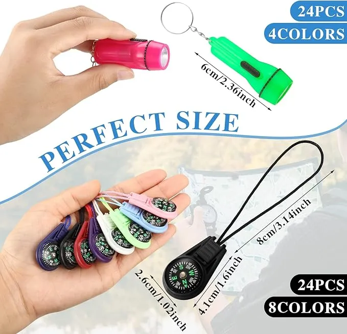WILLBOND 48 Pcs Mini Flashlight Keychain and Mini Survival Compass, Camping Party Favors LED Flashlights Mini Compass for Outdoor Emergency Survival Kits Bracelet Necklace Key Chain Hiking