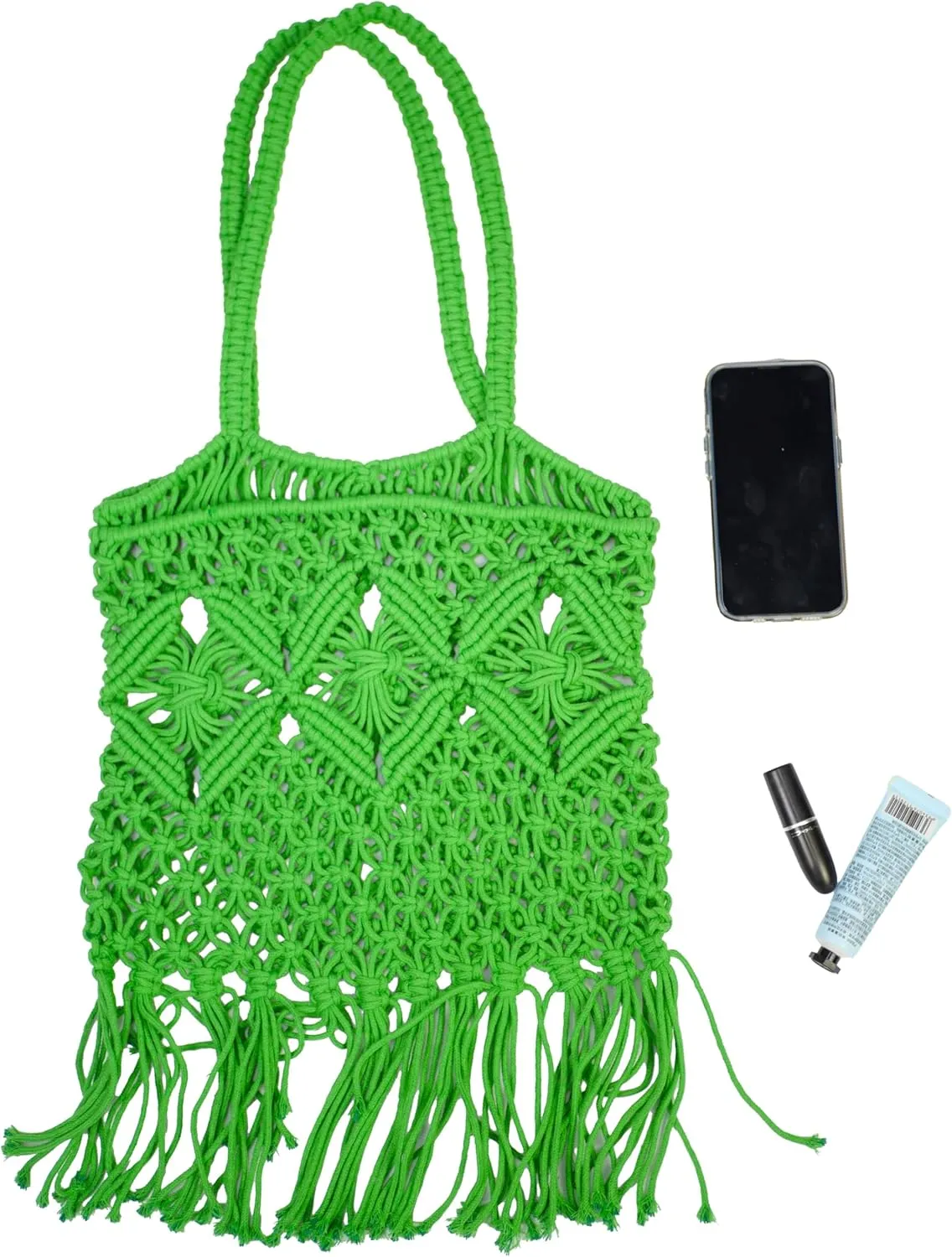 Women Bohemian Style Cotton Rope Beach Handbag Summer Tassel Hand-Woven Shoulder Bag for Vacation