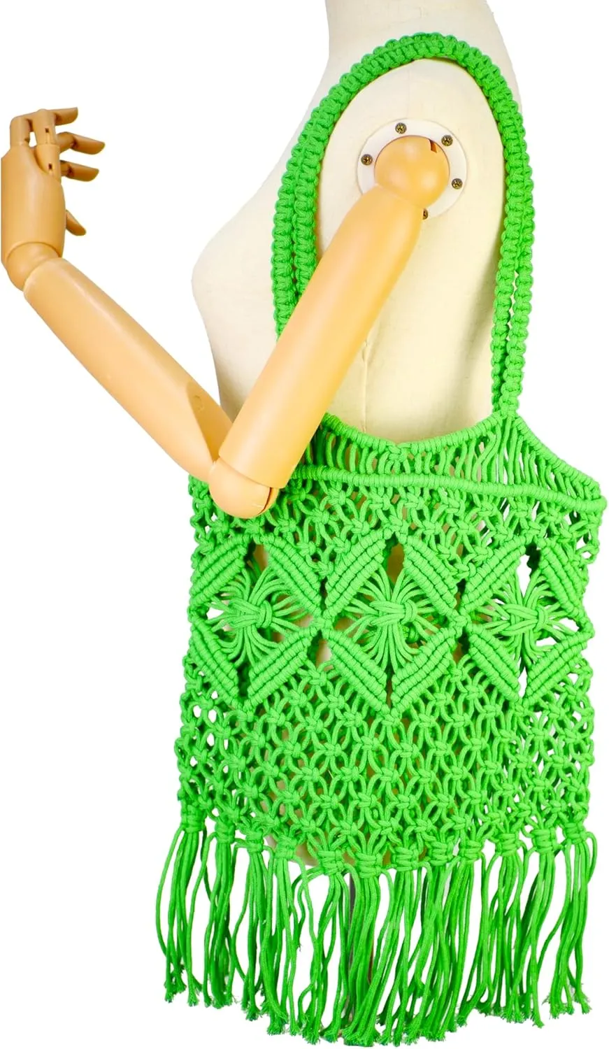 Women Bohemian Style Cotton Rope Beach Handbag Summer Tassel Hand-Woven Shoulder Bag for Vacation