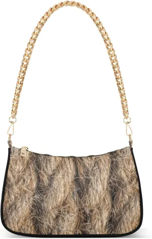 Women Chain Shoulder Purse Bag With Zipper Yellow Natural Flax Rope Print, Hemp Rope Pattern Hobo Tote Clutch Handbags with Chain Strap