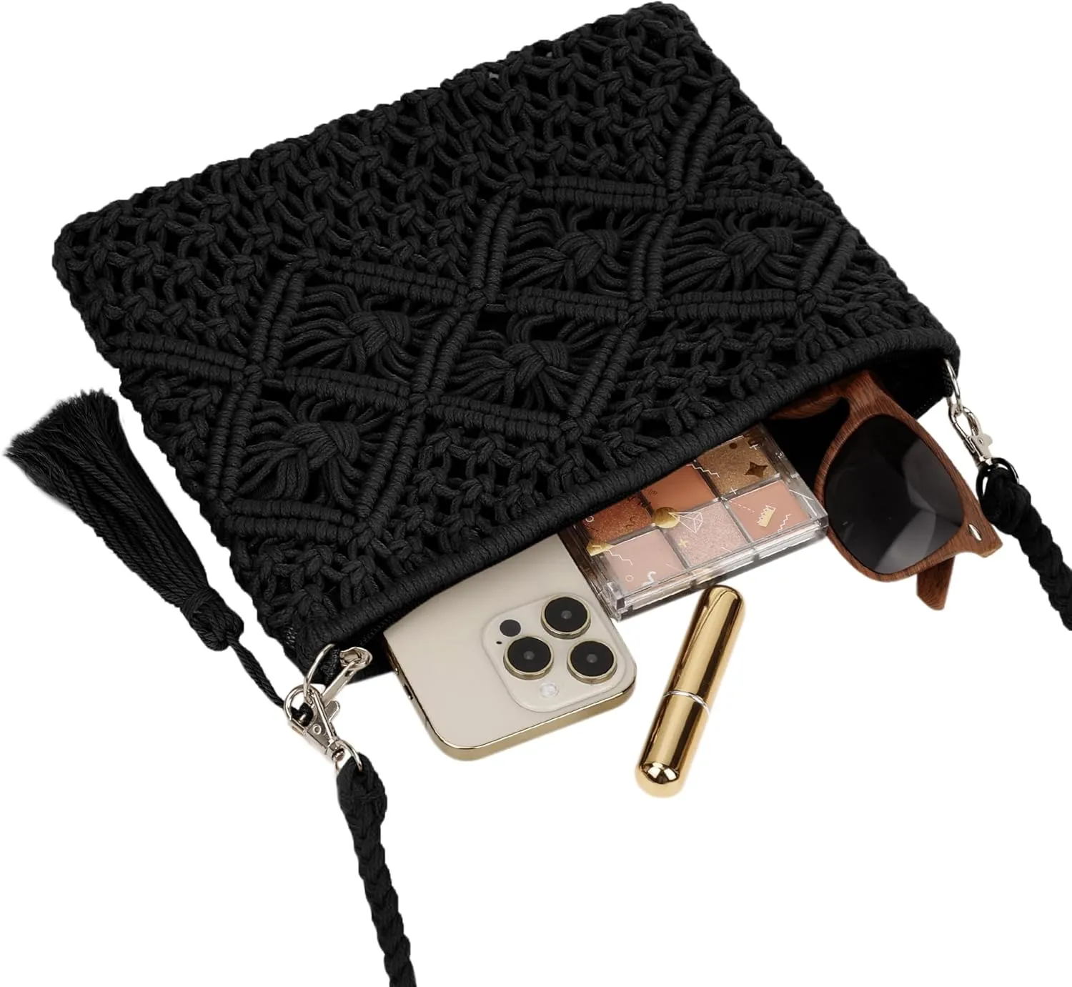 Women Crochet Shoulder Bag Handmade Woven Beach Crossbody Handbag Satchel Purse with Tassel for Summer