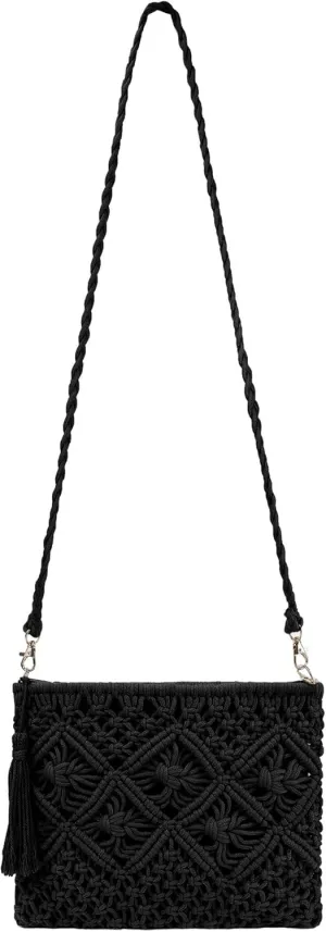 Women Crochet Shoulder Bag Handmade Woven Beach Crossbody Handbag Satchel Purse with Tassel for Summer