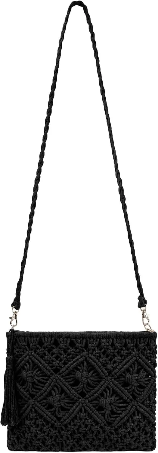Women Crochet Shoulder Bag Handmade Woven Beach Crossbody Handbag Satchel Purse with Tassel for Summer
