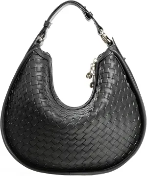 Women Shoulder Bag, Leather Crescent Bag, Woven Tote Bag Crossbody Purse for Women, Adjustable Shoulder Strap (Black)