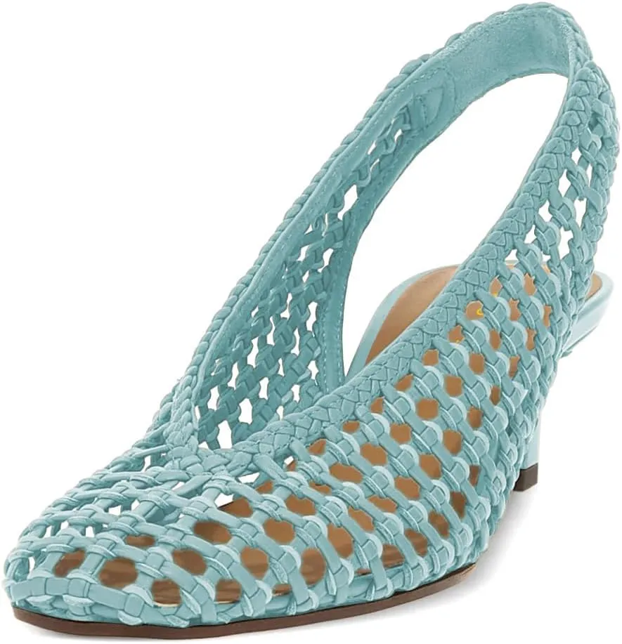 Women Slingback Strap Square Toe Pumps Slip On Low Kitten Heel Woven Sandals Summer Daily Dress Shoes Size 4-16 US