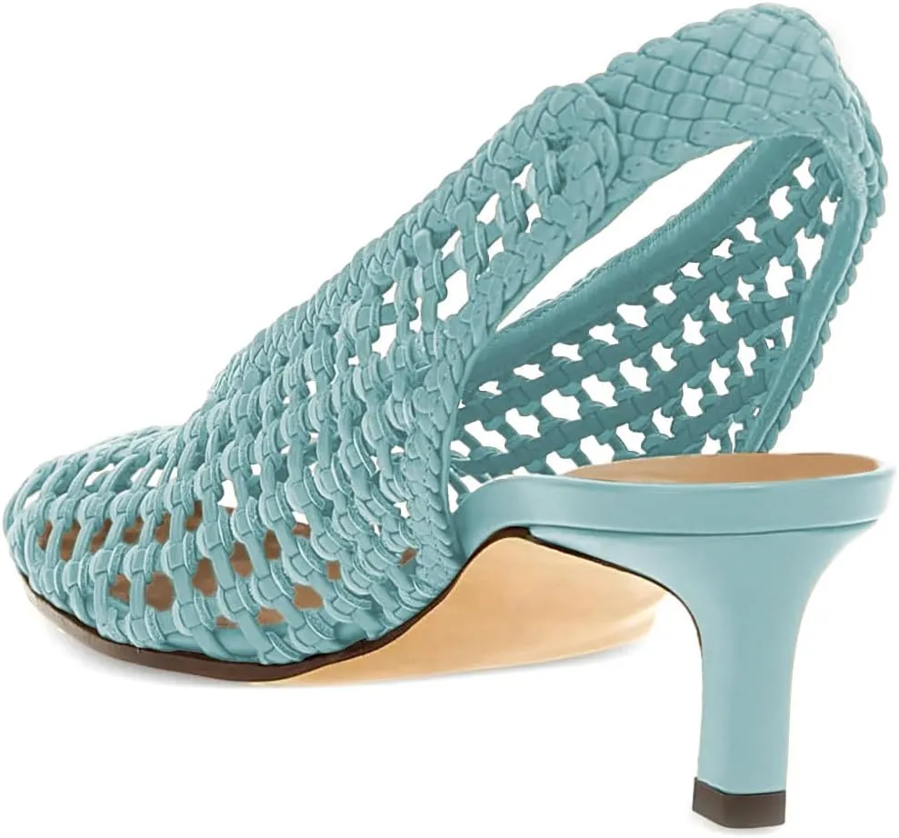 Women Slingback Strap Square Toe Pumps Slip On Low Kitten Heel Woven Sandals Summer Daily Dress Shoes Size 4-16 US