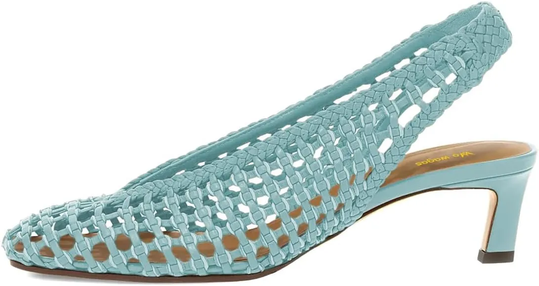 Women Slingback Strap Square Toe Pumps Slip On Low Kitten Heel Woven Sandals Summer Daily Dress Shoes Size 4-16 US