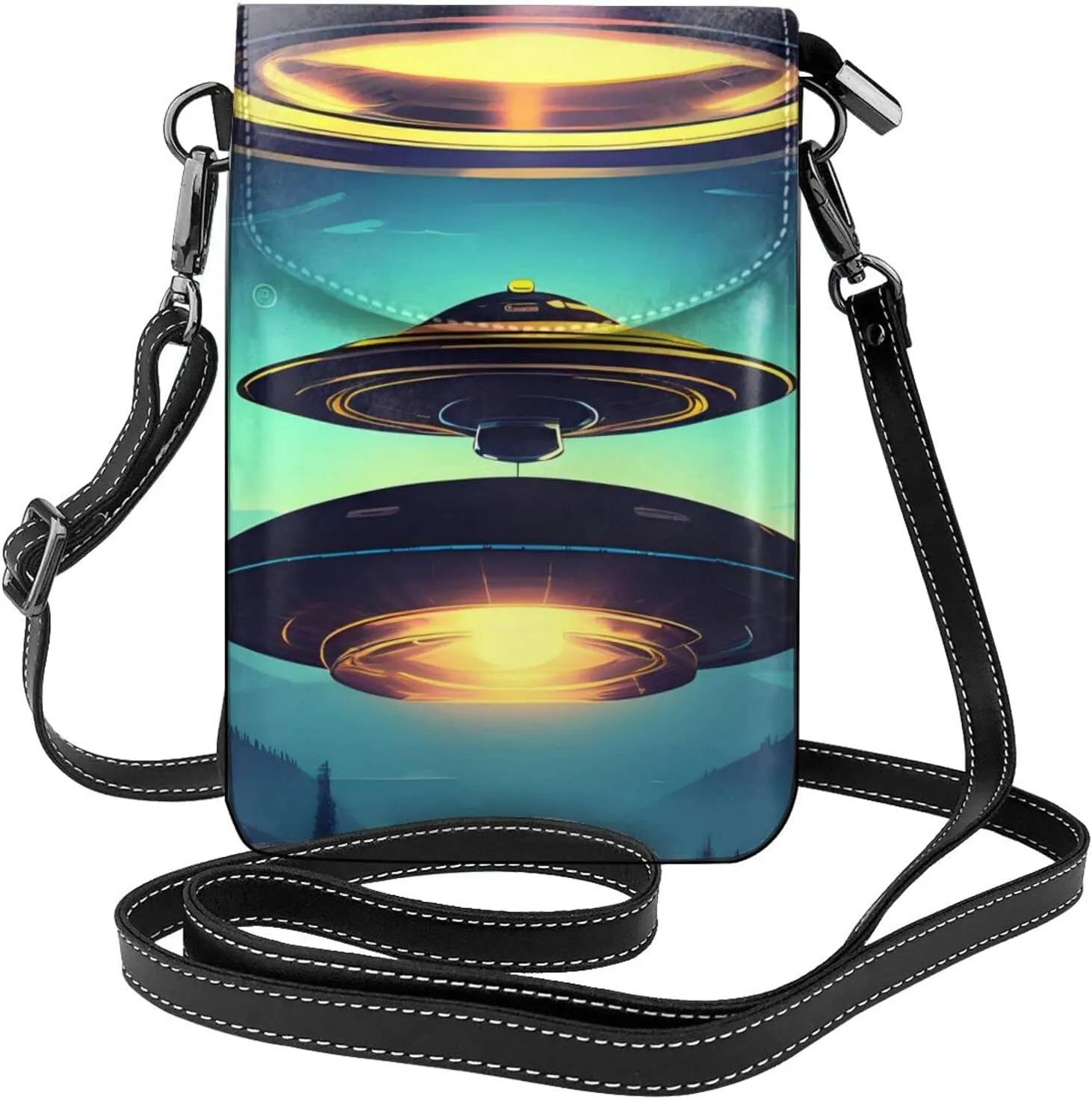 women Small Cell Phone Purse Spacecraft descend pattern : Multifunction,Soft, durable,Convenient for daily use and travel, Black, One Size
