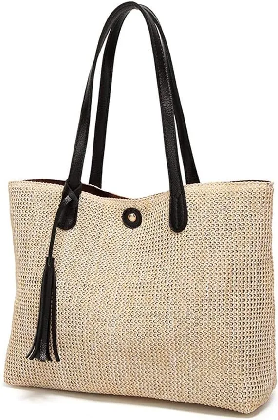 Women Straw Summer Beach Bag Handwoven Big Tote Leather Shoulder Handbag with Tassel Decorate