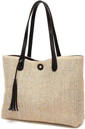 Women Straw Summer Beach Bag Handwoven Big Tote Leather Shoulder Handbag with Tassel Decorate