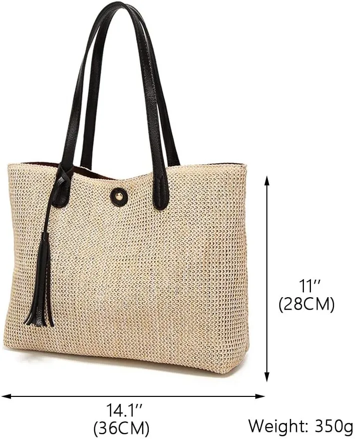 Women Straw Summer Beach Bag Handwoven Big Tote Leather Shoulder Handbag with Tassel Decorate