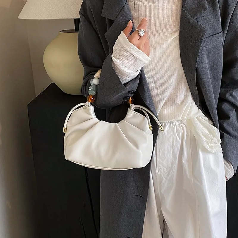 Women Top Handle with Colorful Beads Handbag Classic Soft Vegan Leather with Detachable Shoulder Strap Small