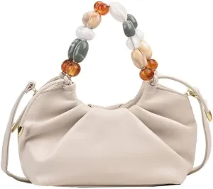 Women Top Handle with Colorful Beads Handbag Classic Soft Vegan Leather with Detachable Shoulder Strap Small
