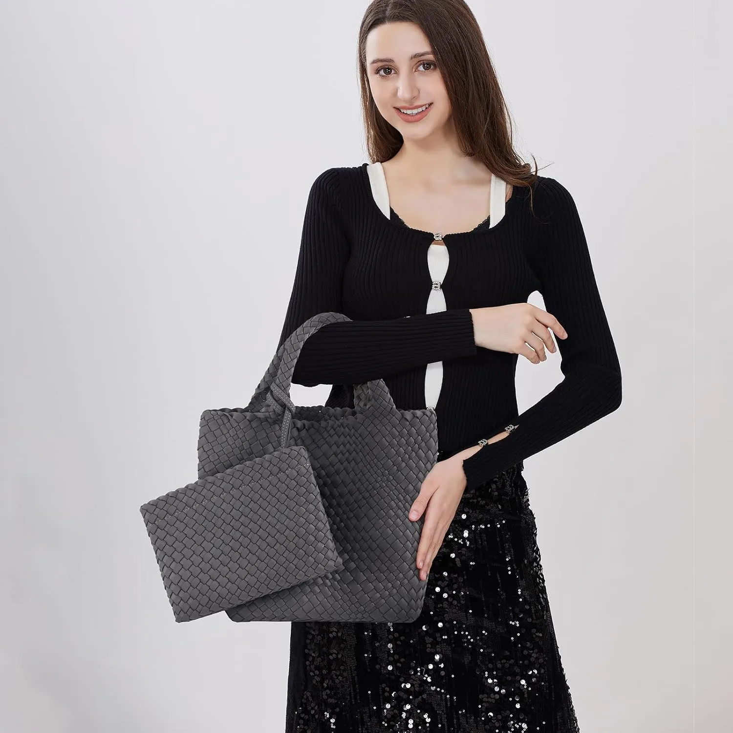 Women Tote Bag Large Neoprene Tote Bag Fashion Woven Bag Neoprene Tote Handbag Roomy Shoulder Bags for Beach, Gym