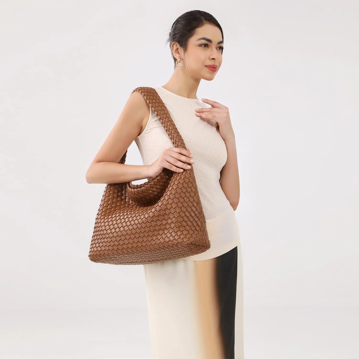 Women Vegan Leather Handmade Tote Bag Large Shoulder Top-handle Bag All-Match Underarm Bag with Purse Beach Handbag