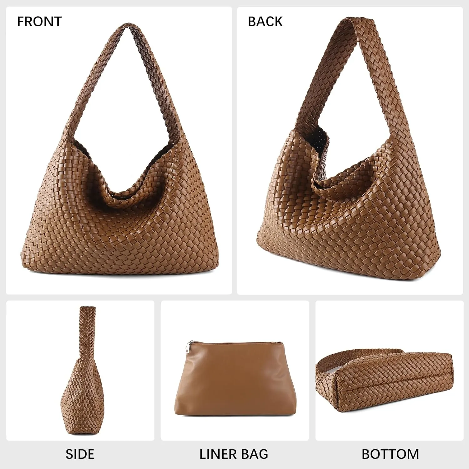 Women Vegan Leather Handmade Tote Bag Large Shoulder Top-handle Bag All-Match Underarm Bag with Purse Beach Handbag