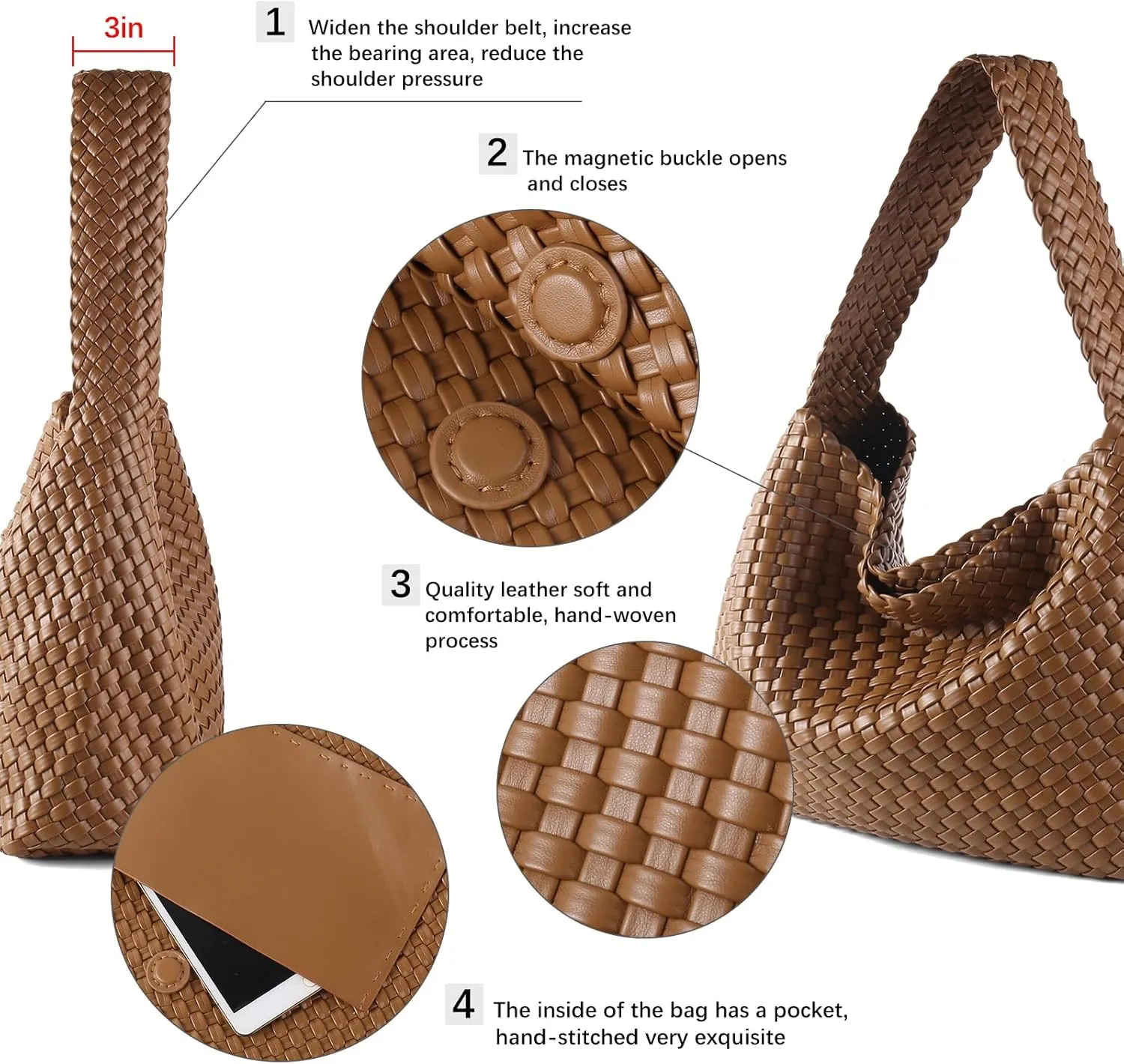 Women Vegan Leather Handmade Tote Bag Large Shoulder Top-handle Bag All-Match Underarm Bag with Purse Beach Handbag