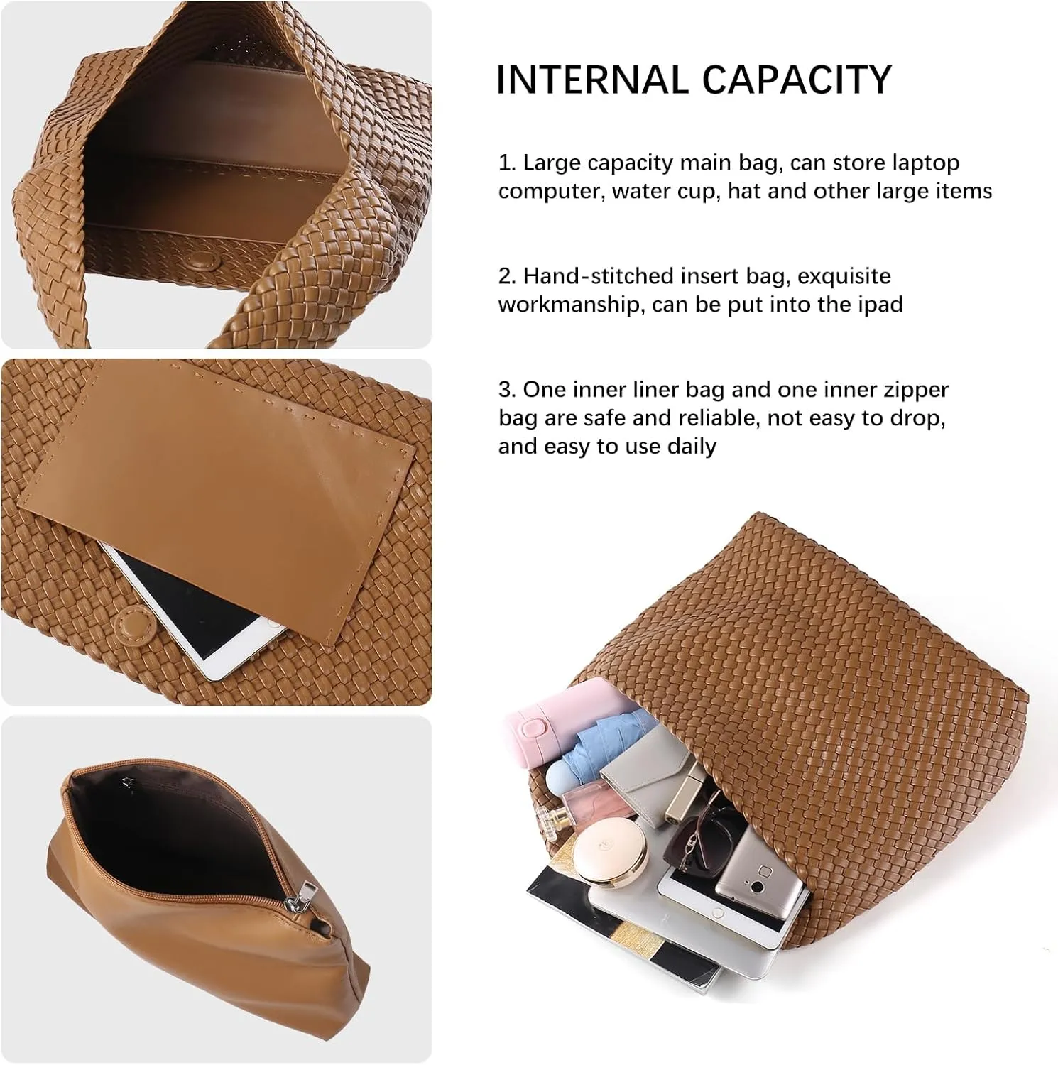 Women Vegan Leather Handmade Tote Bag Large Shoulder Top-handle Bag All-Match Underarm Bag with Purse Beach Handbag