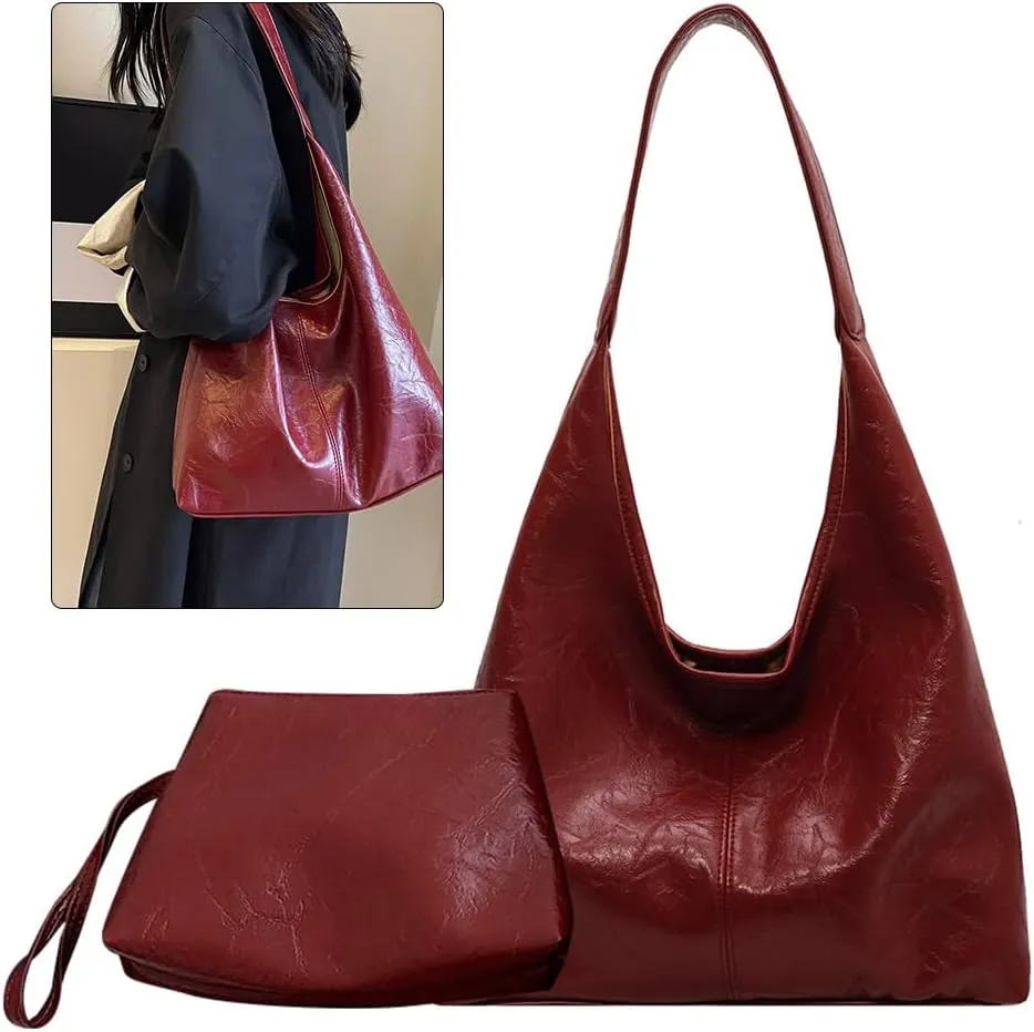 Women Vintage Hobo Bag Casual PU Leather Shoulder Bag Large Capacity Retro Tote Handbag Soft Underarm Bag Daily Dat