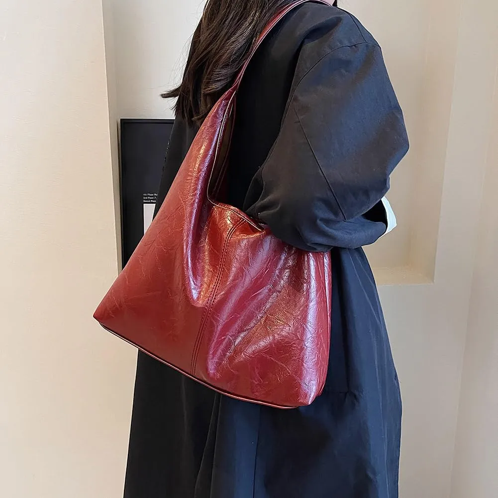 Women Vintage Hobo Bag Casual PU Leather Shoulder Bag Large Capacity Retro Tote Handbag Soft Underarm Bag Daily Dat