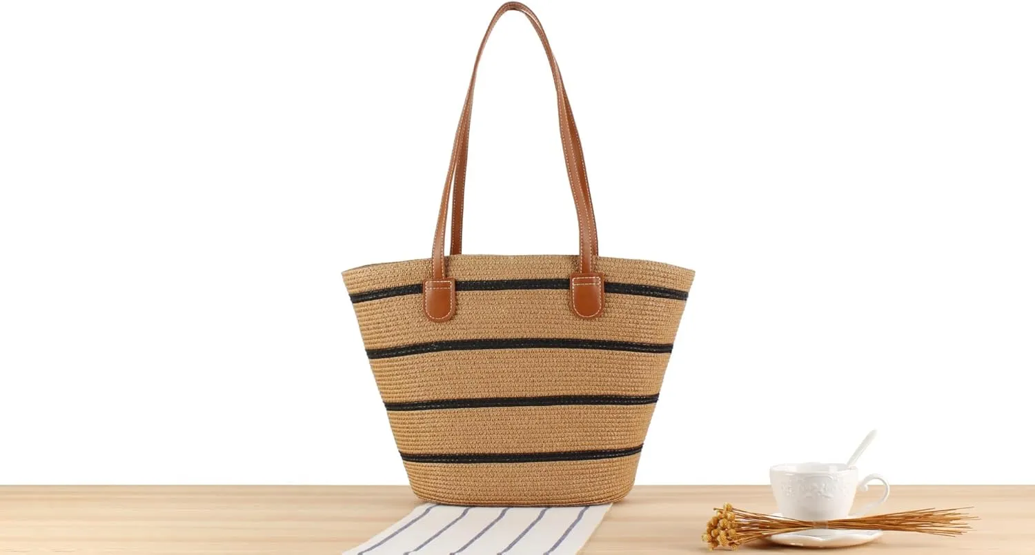 Women's Classic Straw Summer Beach Shoulder Bag Handbag Tote With PU Leather Straps Handmade Purse