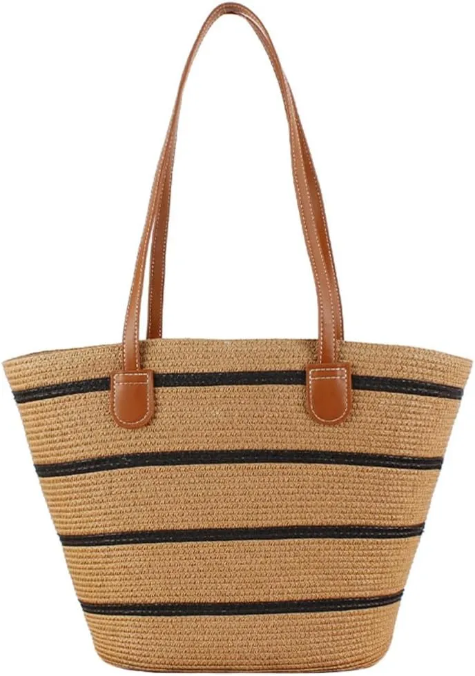 Women's Classic Straw Summer Beach Shoulder Bag Handbag Tote With PU Leather Straps Handmade Purse