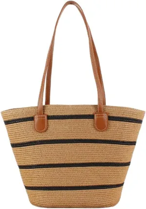 Women's Classic Straw Summer Beach Shoulder Bag Handbag Tote With PU Leather Straps Handmade Purse