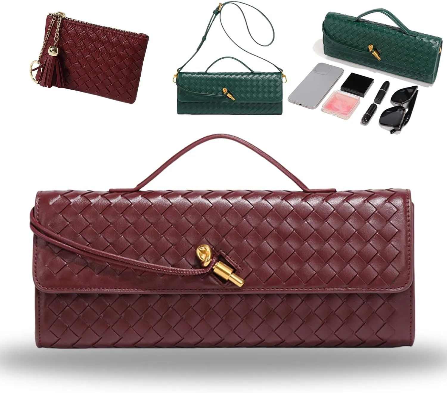 Women's Handmade Woven Evening Bag, PU Leather Handmade Clutch Purse, Fashion Crossbody Clutch Purse with Long Strap