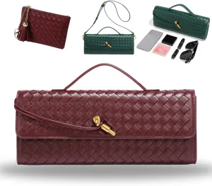 Women's Handmade Woven Evening Bag, PU Leather Handmade Clutch Purse, Fashion Crossbody Clutch Purse with Long Strap
