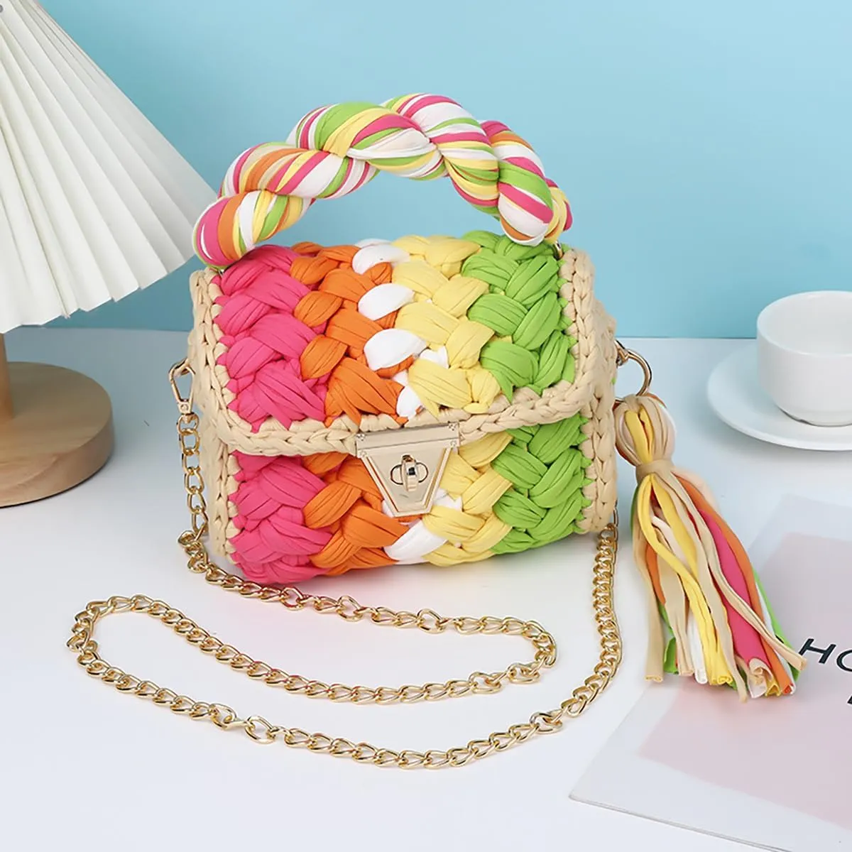 Women's Handwoven Tote Chunky Yarn Crochet Crossbody Shoulder Bag DIY Knot Purse Knit Woven Handbag Evening Clutch