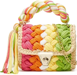 Women's Handwoven Tote Chunky Yarn Crochet Crossbody Shoulder Bag DIY Knot Purse Knit Woven Handbag Evening Clutch