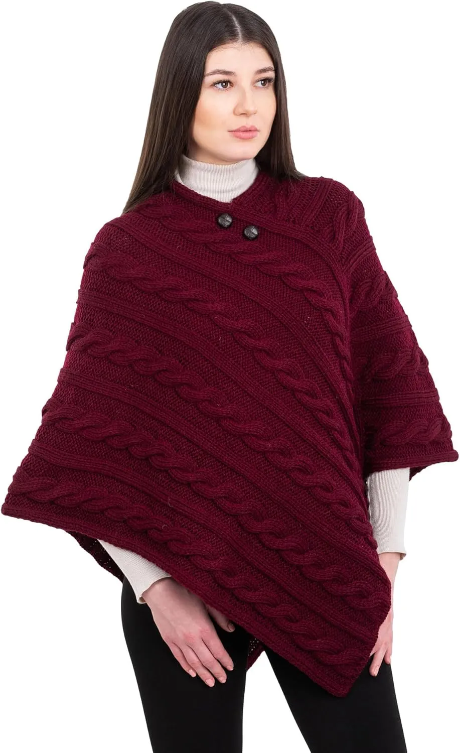 Women's Irish Aran Poncho - 100% Virgin Wool Cable Knit Wrap with Buttons, Warm Cape Shawl