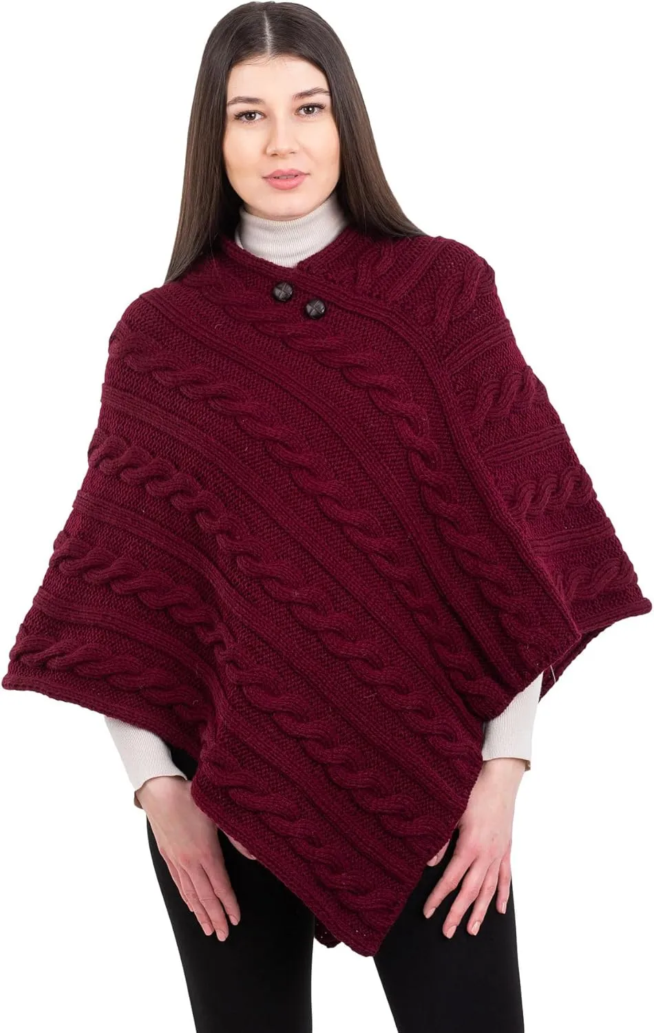 Women's Irish Aran Poncho - 100% Virgin Wool Cable Knit Wrap with Buttons, Warm Cape Shawl