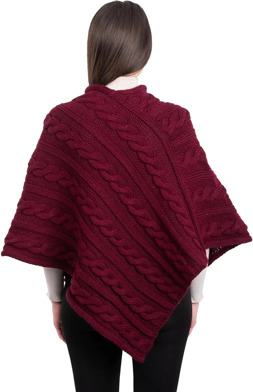 Women's Irish Aran Poncho - 100% Virgin Wool Cable Knit Wrap with Buttons, Warm Cape Shawl