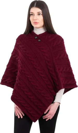 Women's Irish Aran Poncho - 100% Virgin Wool Cable Knit Wrap with Buttons, Warm Cape Shawl