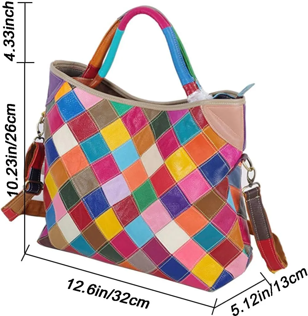 Women's Multicolor Tote Handbag Genuine Leather Design Hobo Shoulder Bag Purses