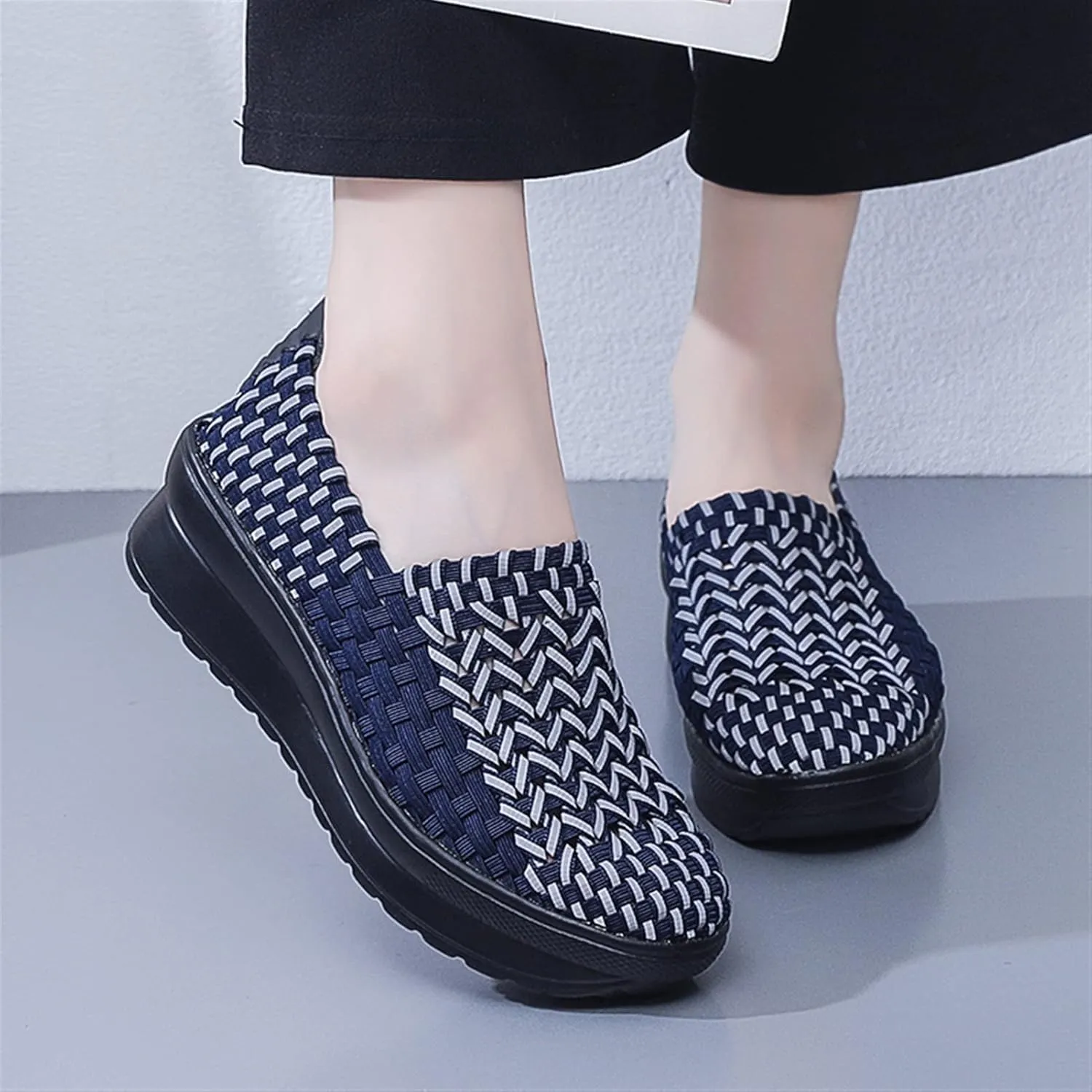 Women's Platform Wedge Sandals Elastic Wedges Woven Pumps Shoes Closed Toe Wedges for Women Walking Mary Jane Shoes
